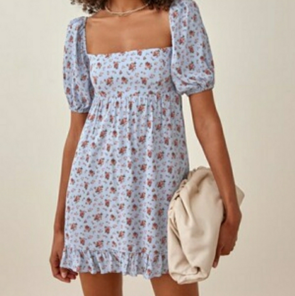 Reformation Bristol Blue Floral Puff Sleeve Smocked Mini Dress Petunia Sz Small